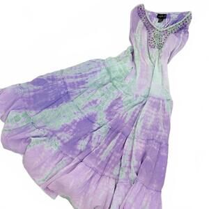Vintage Lola P.  Maxi Dress Tie Dye Boho Batik Beaded Neck Lilac Green L